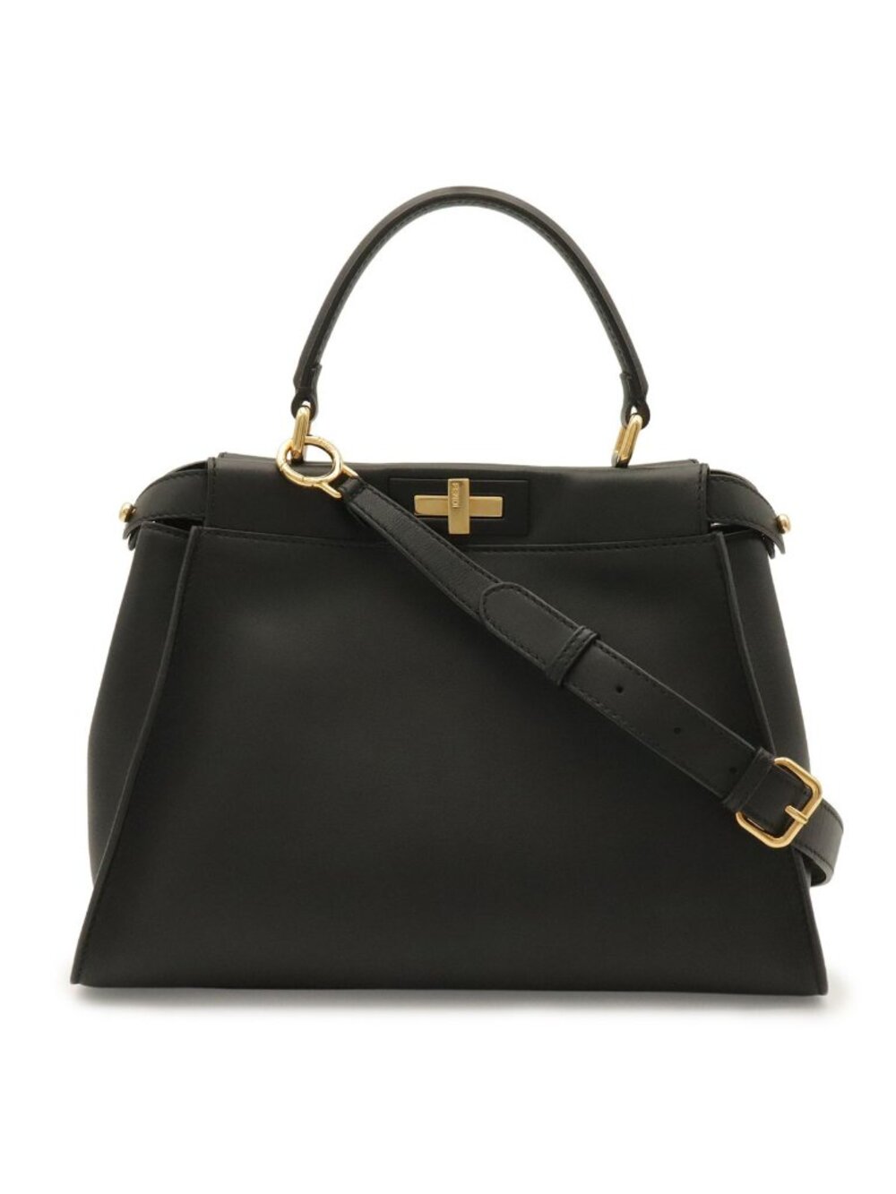 Fendi Peekaboo Regular 2-Way Shoulder Bag Crossbody Leather Black Gold